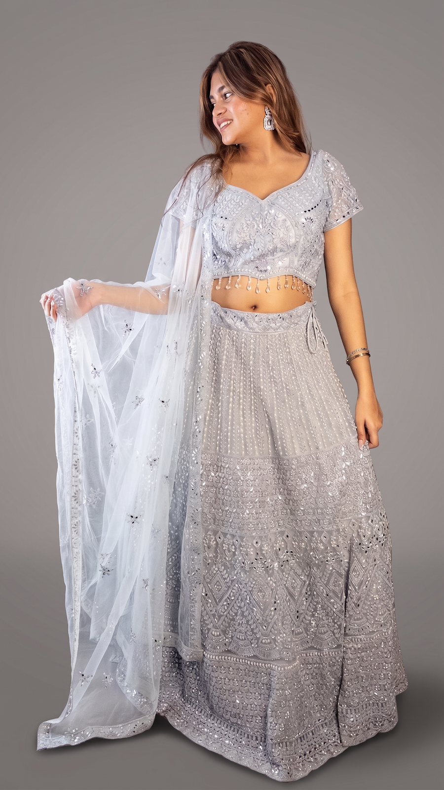 Silver-Grey Cutdana and Mirror Flared Lehenga Set — blouse detail