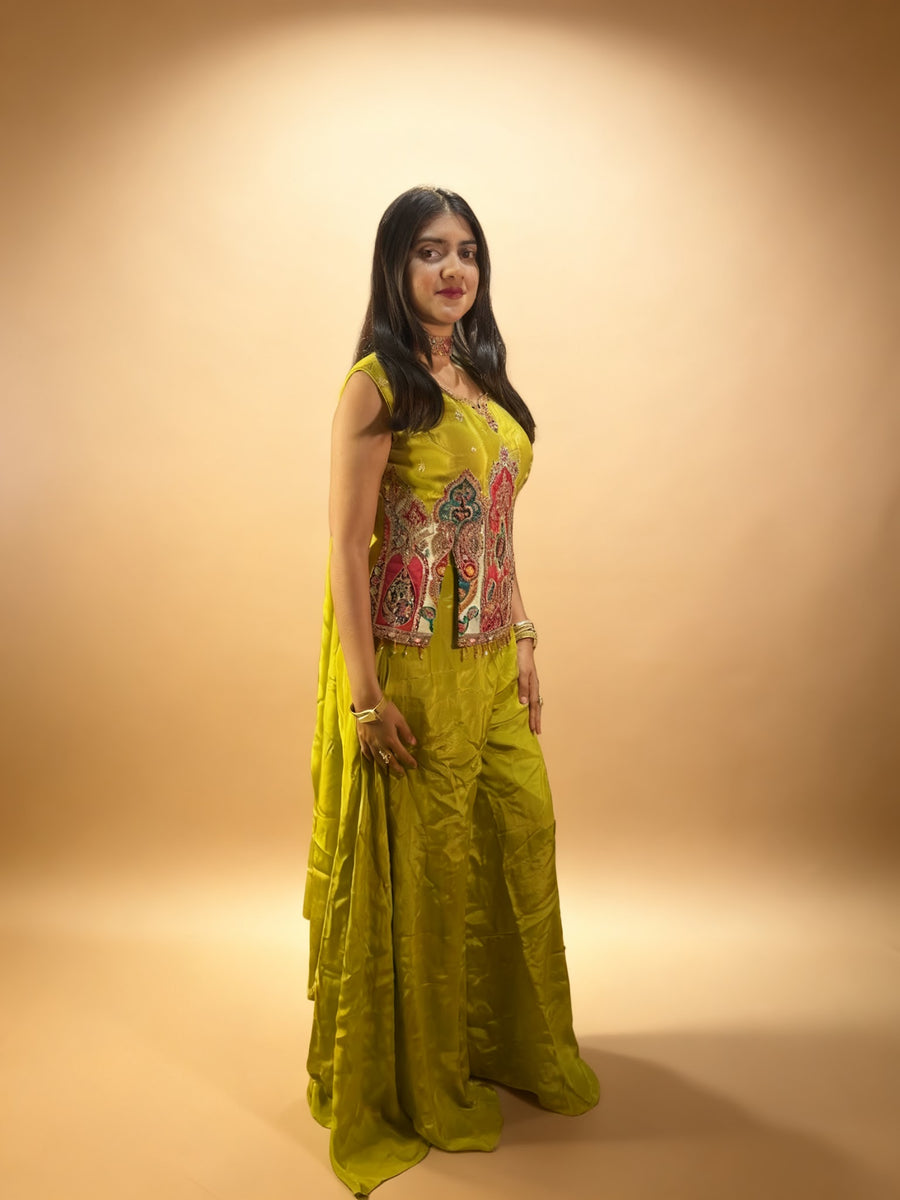Parrot Green Silk Palazzo Suit With Paisley Embroidery — blouse detail