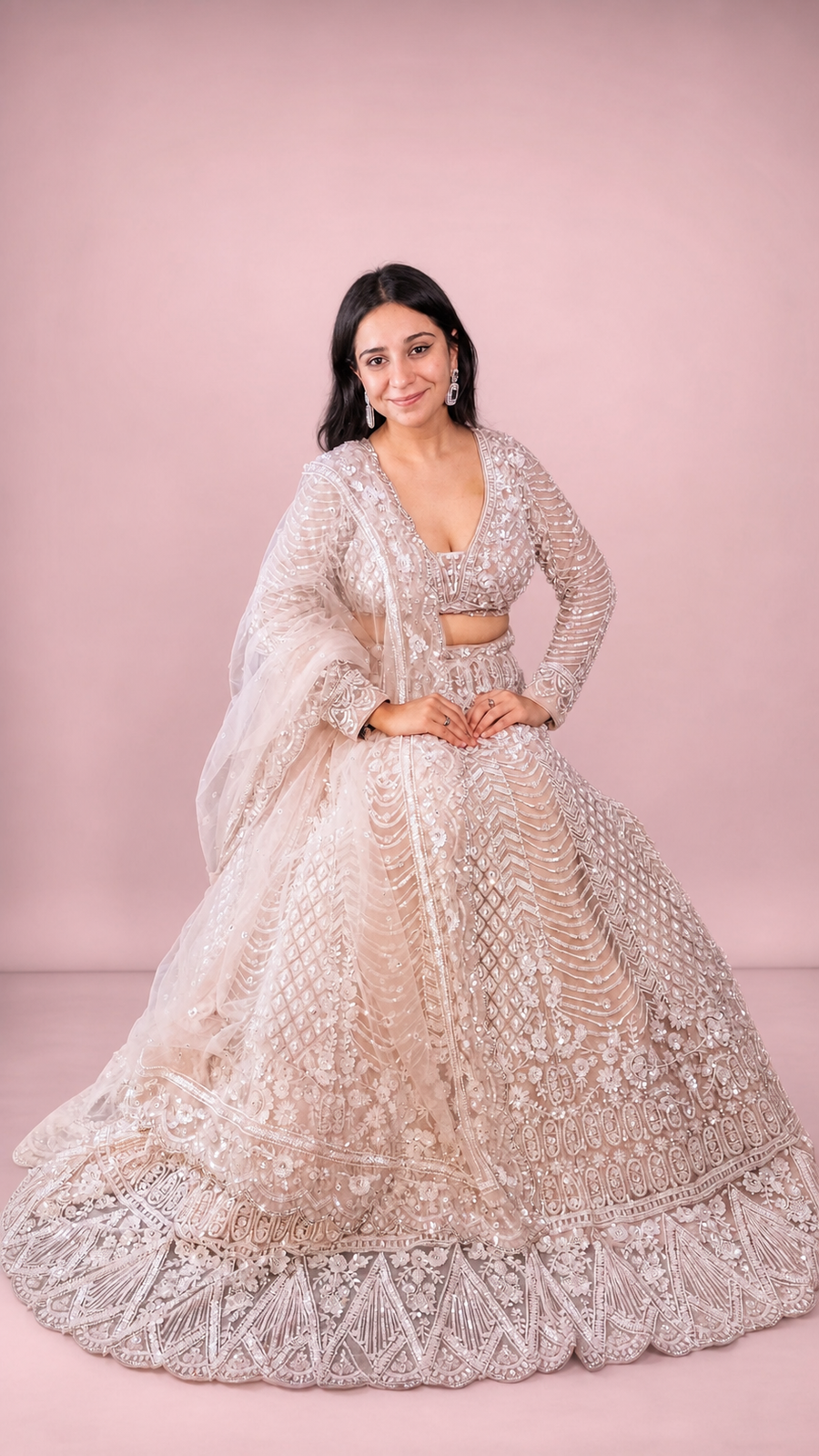 Blush Pink Net Lehenga With Cutdana and Sequin Work — back view
