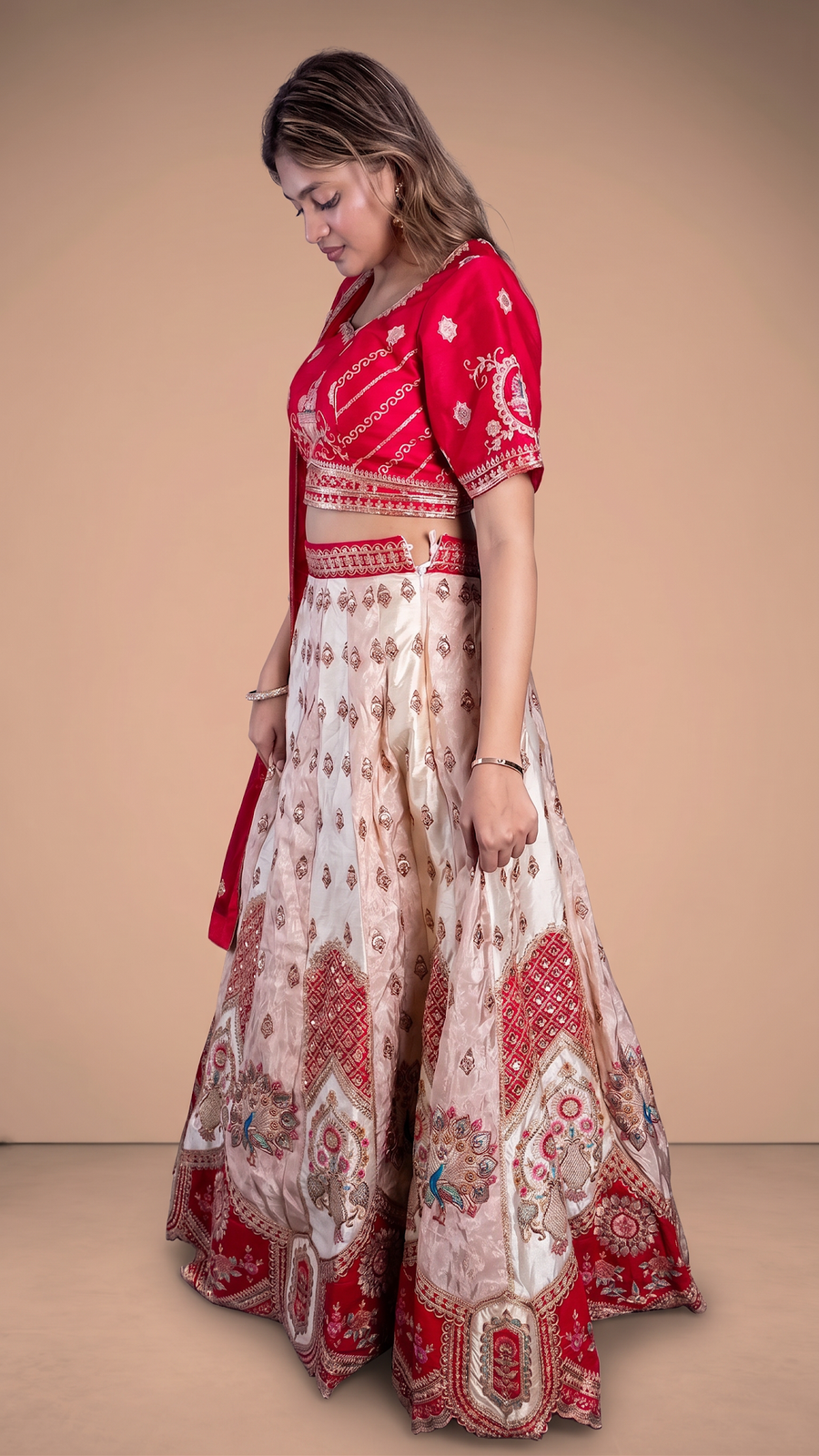 Ivory Shimmer Silk Kali Lehenga With Red Zari Blouse — blouse detail