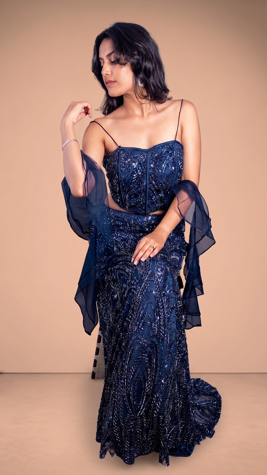 Navy Sequin Corset Lehenga With Organza Drape — blouse detail