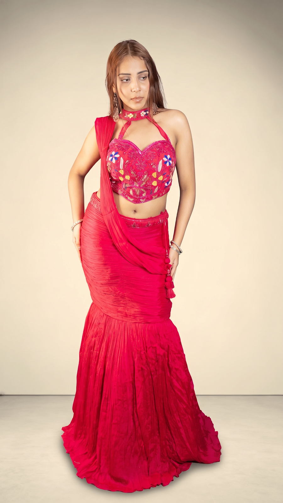 Hot Pink Crepe Mermaid Lehenga With Beaded Blouse — blouse detail
