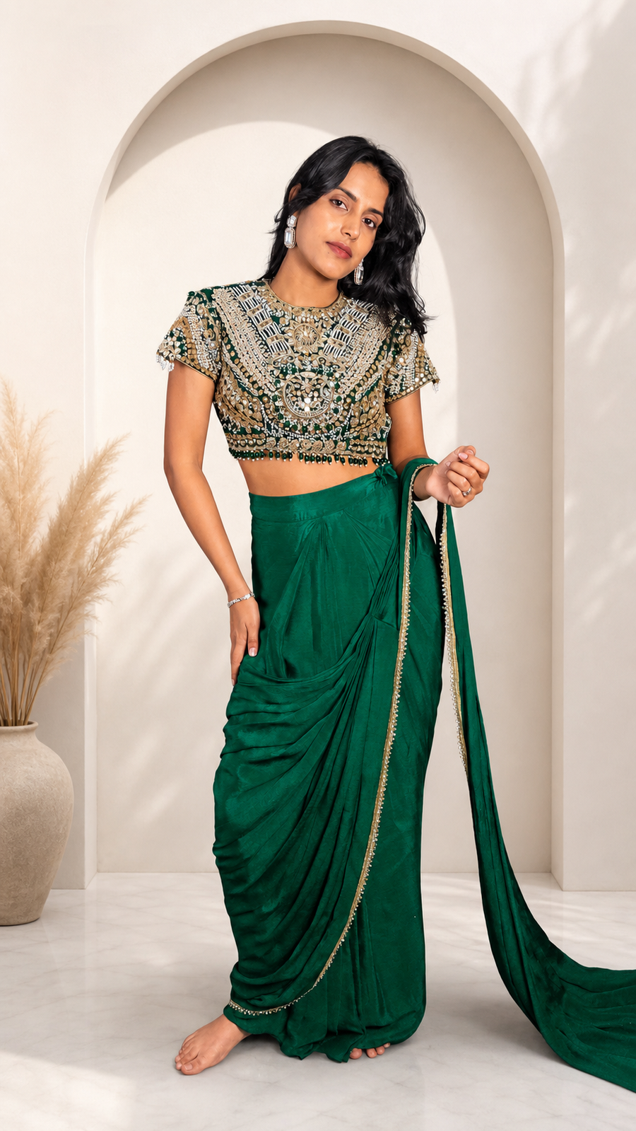 Emerald Satin Pre-Draped Saree With Cutdana Blouse — blouse detail
