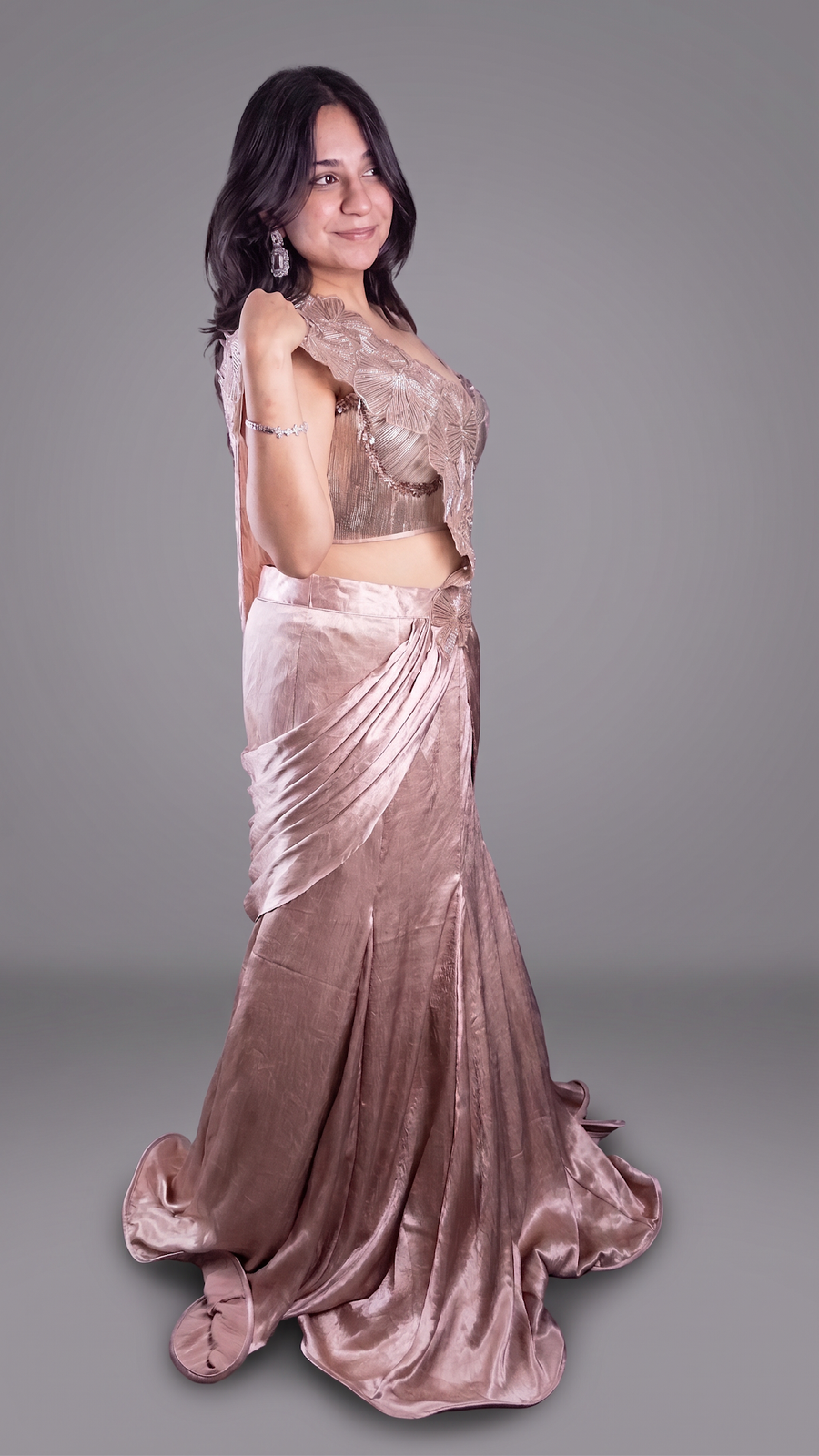 Rose Gold Shimmer Crepe Pre-Draped Mermaid Saree Gown — blouse detail