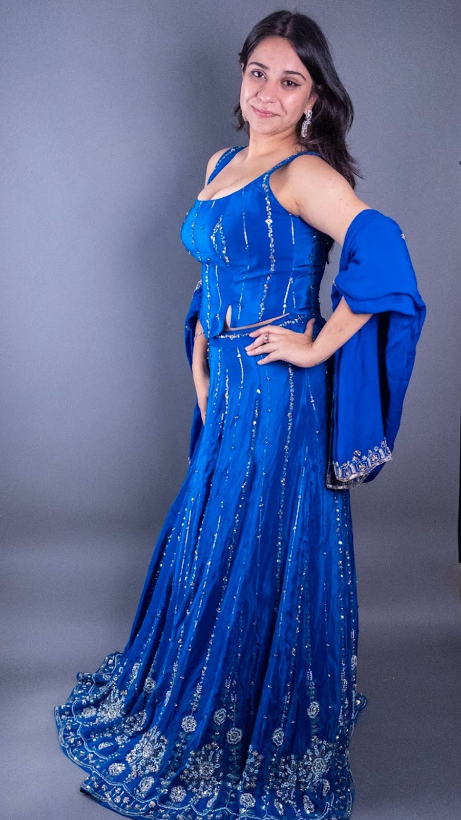 Cobalt Blue Crepe Lehenga With Sequin and Katdana Work — blouse detail