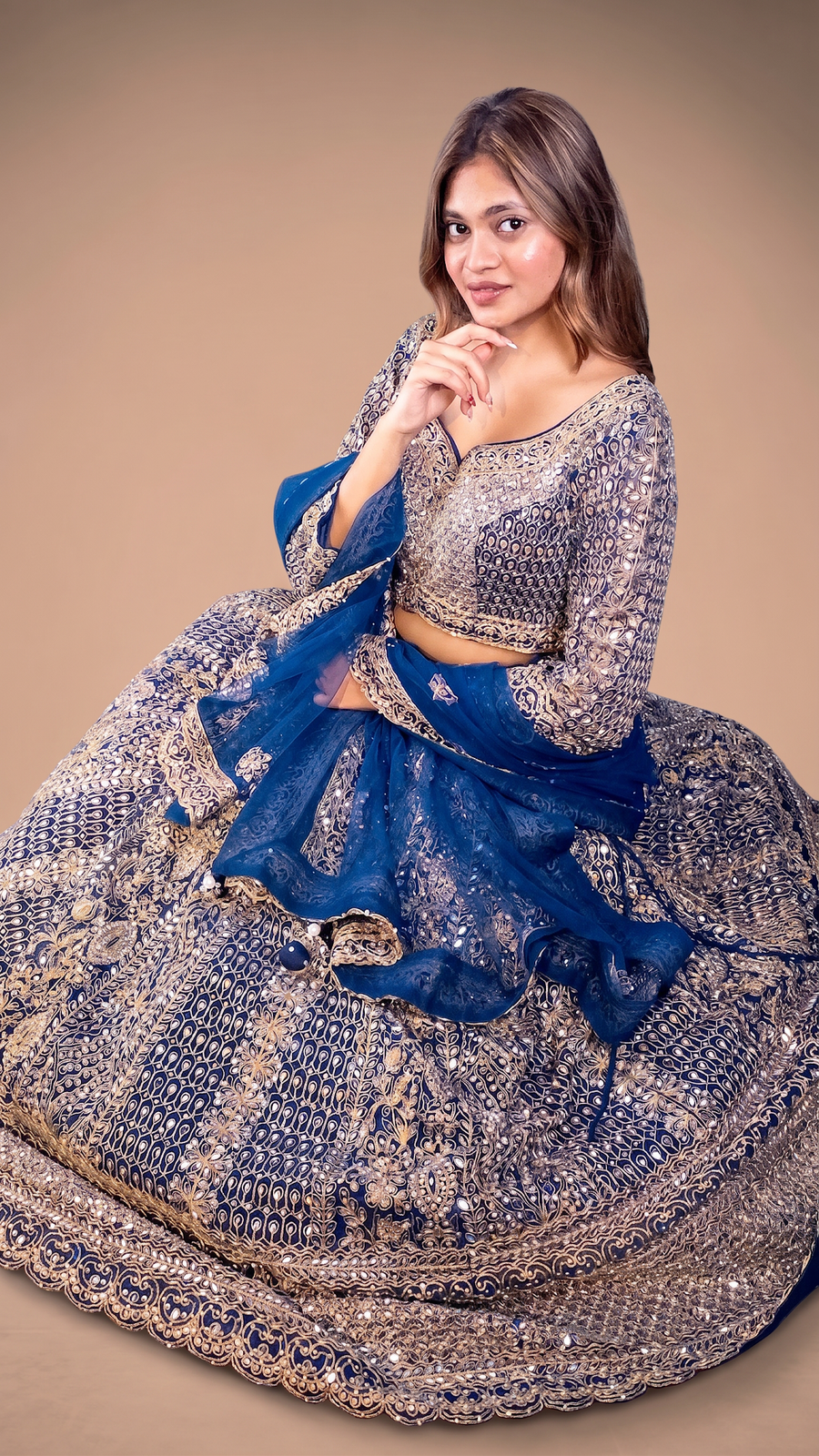 Sapphire Blue Net Lehenga With Mirror Work — blouse detail