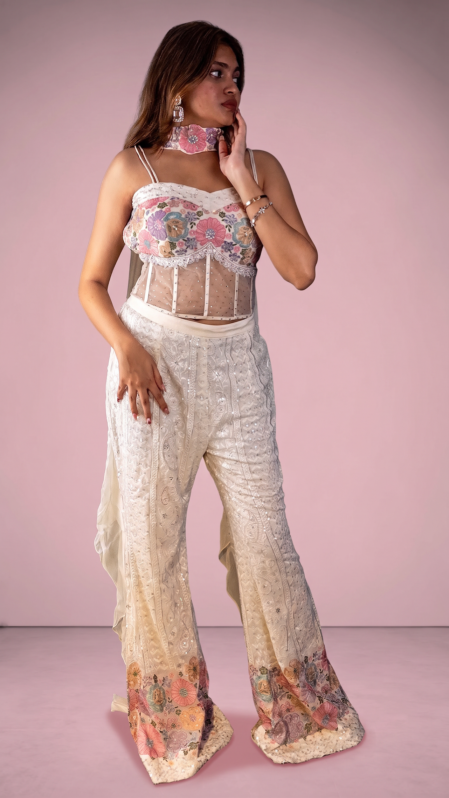 White Georgette Pant Set With Floral Cord Embroidery — blouse detail