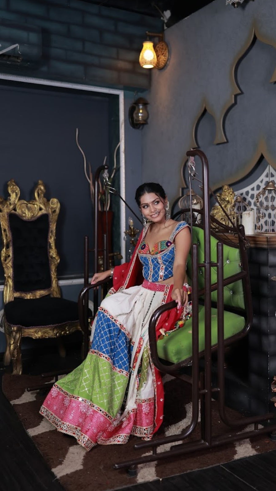 White Cotton Flared Lehenga With Mirror and Zari Work — blouse detail