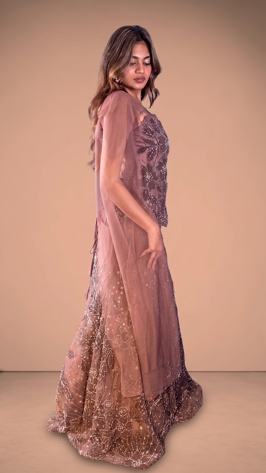 Nude Brown Cord-Embroidered Mermaid Lehenga Set — blouse detail
