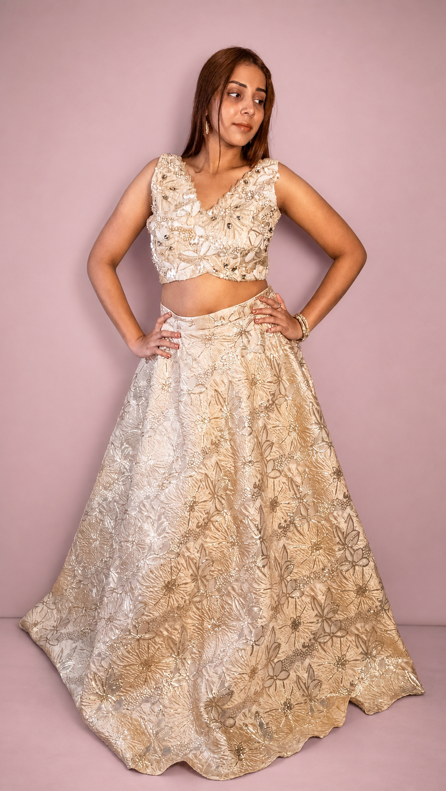 Gold Organza Tissue Flared Lehenga With Bead Work — blouse detail
