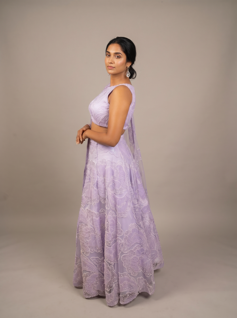 Lavender Pearl Bead Net Lehenga Set