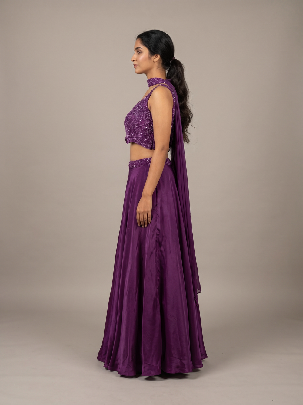 Mahira Plum Beadwork Crepe Lehenga Set