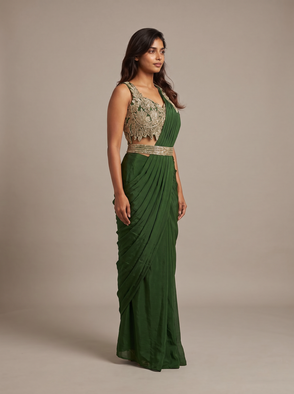 Vanya Bottle Green Zari Pre-Draped Saree