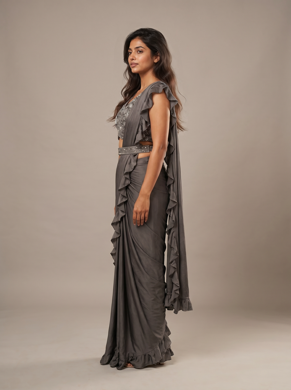 Smoke Charcoal Zari Ruffle Saree Set