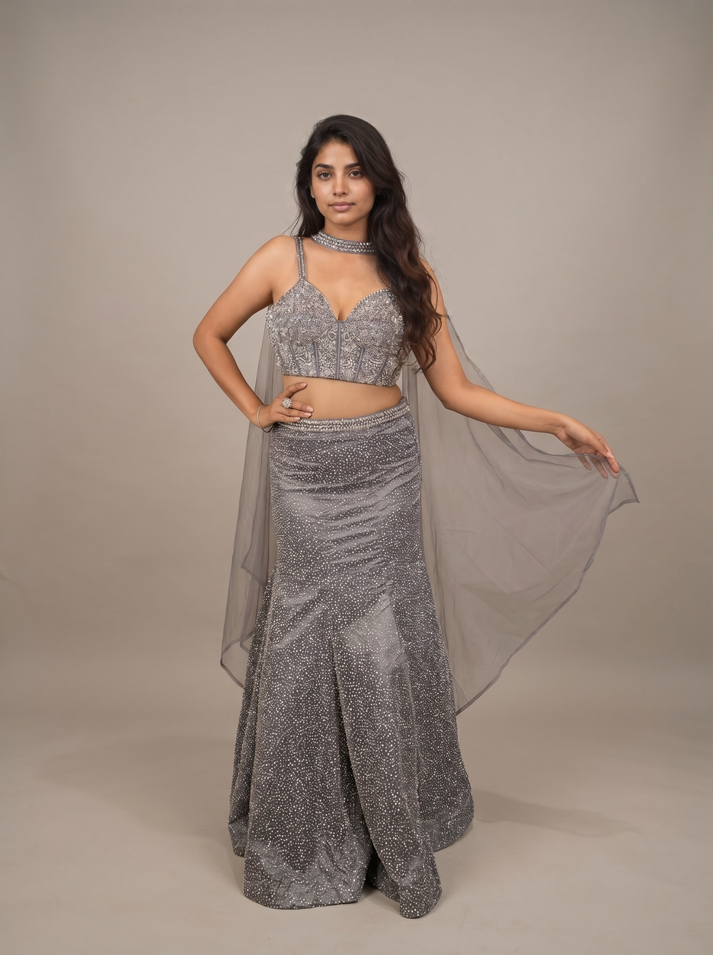 Smoke Grey Beaded Corset Mermaid Lehenga