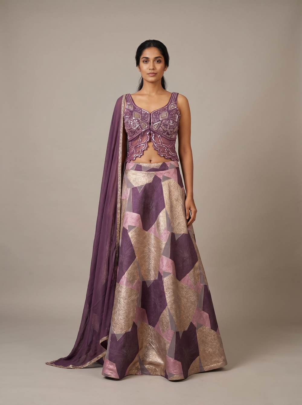 Mauve Plum Sequin Bustier Cape Lehenga