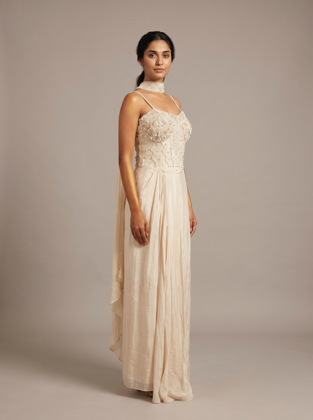 Ivory Pearl Bead Bustier Dhoti Set