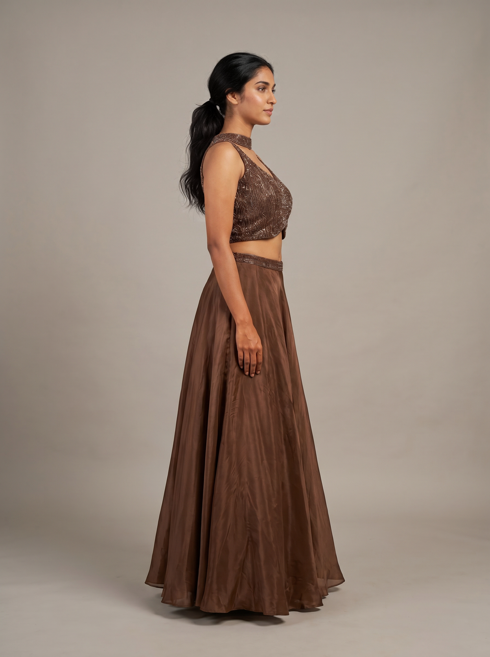 Cacao Copper Beadwork Flared Lehenga Set