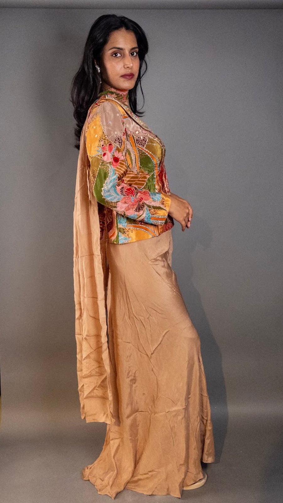 Multicolour Floral Satin Crop Top and Sharara Set — fabric detail