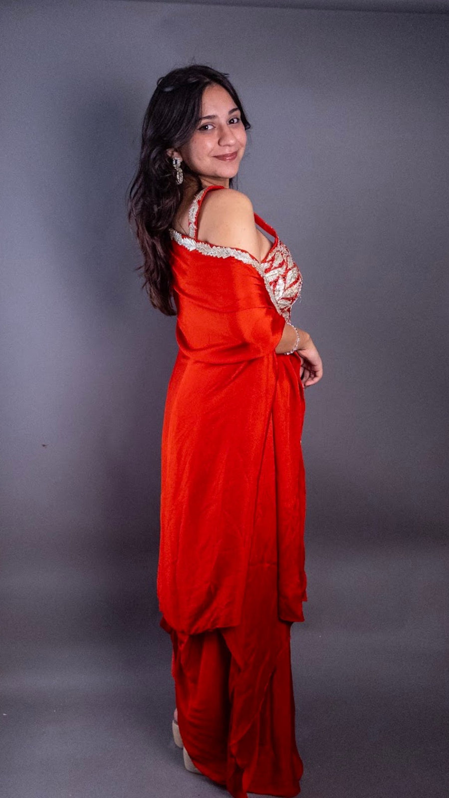 Orange Crepe Skirt Set With Zari Bustier and Cape — fabric detail