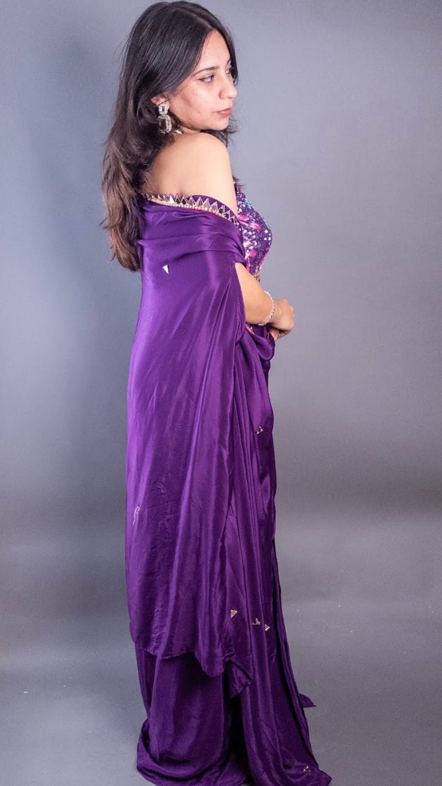 Purple Crepe Sequin Halter Blouse and Drape Skirt Set — fabric detail