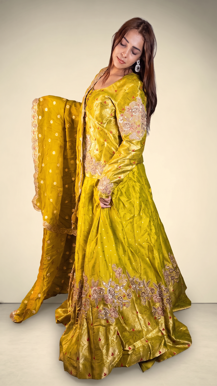 Parrot Green Silk Lehenga With Zari Embroidered Jacket Top — fabric detail