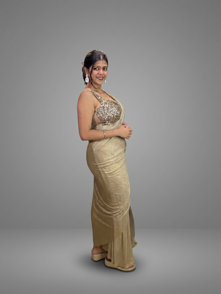 Gold Shimmer Tissue Pre-Draped Saree With Sequin Blouse — fabric detail