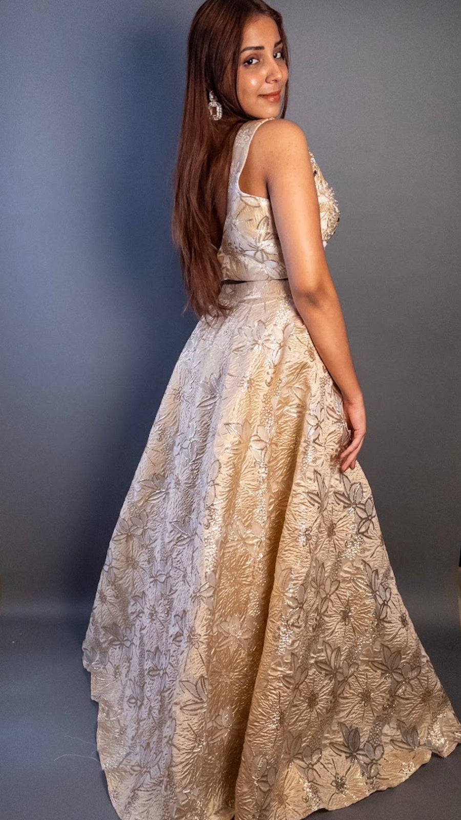 Gold Organza Tissue Flared Lehenga With Bead Work — fabric detail