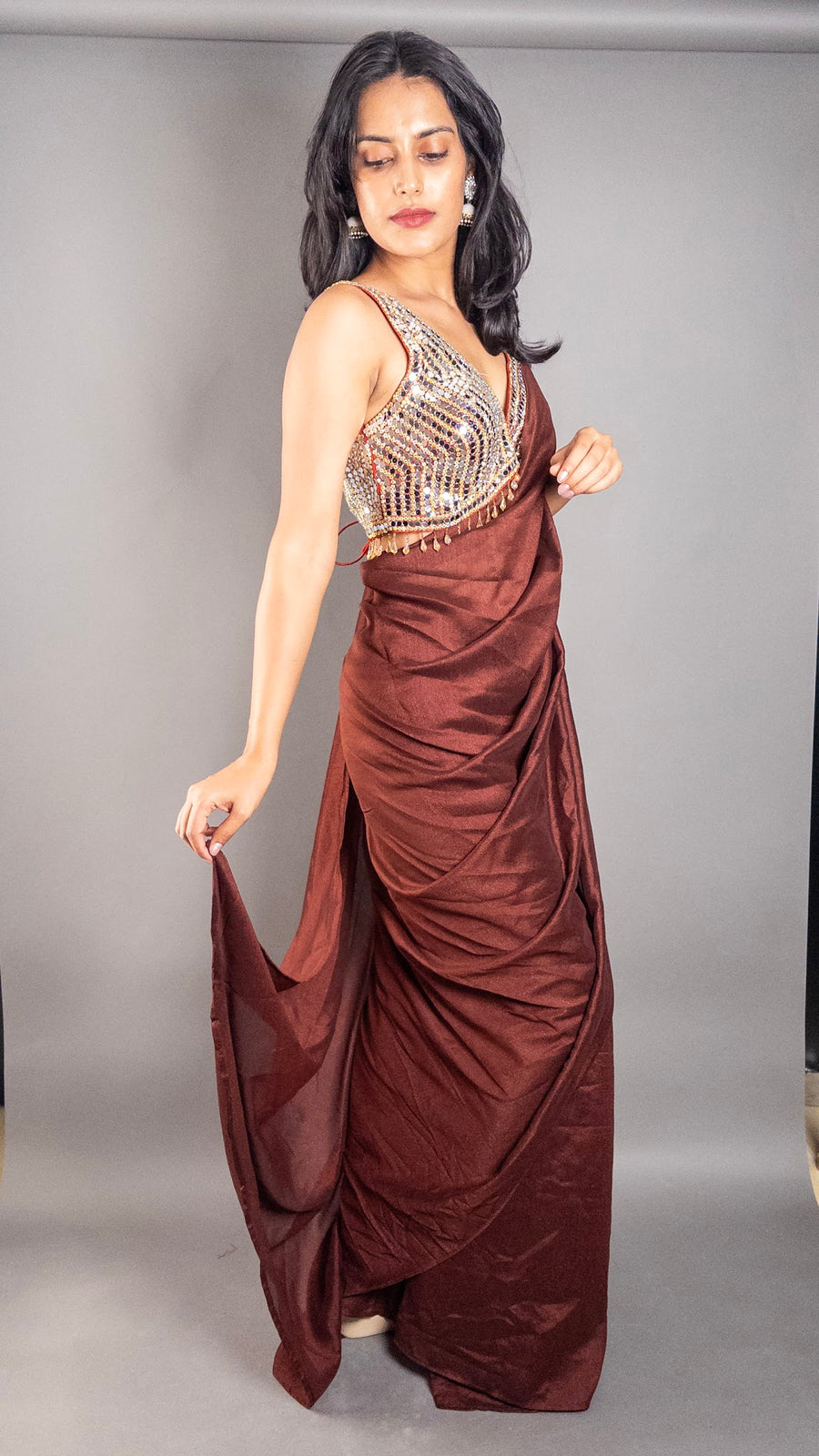Rust Maroon Vichitra Silk Pre-Draped Saree, Mirror Blouse — fabric detail