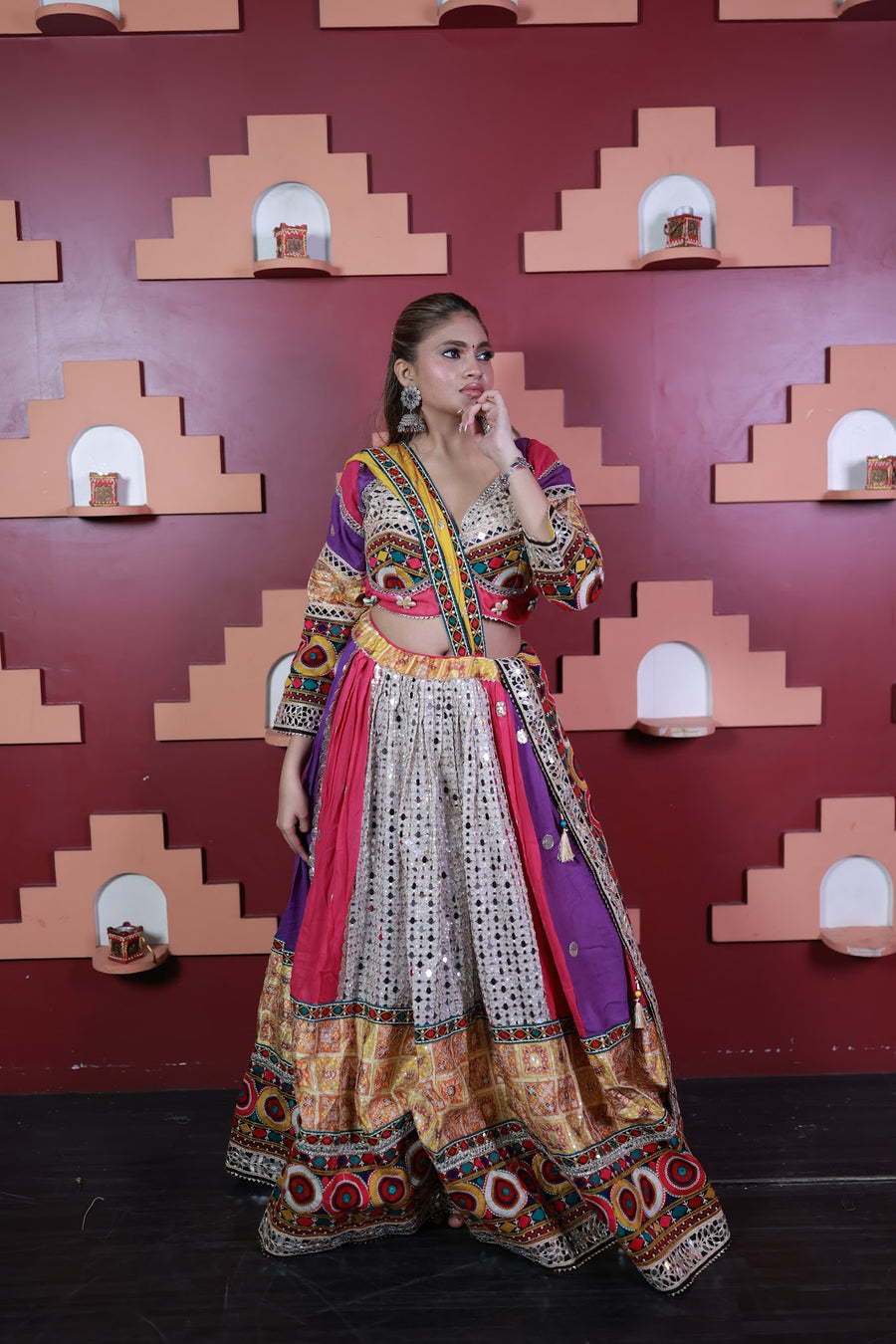 Multicolour Cotton Flared Kali Lehenga With Mirror Work — fabric detail