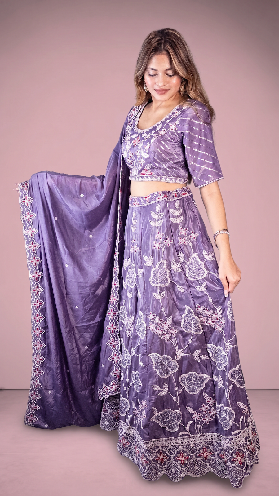 Purple Tissue Shimmer Lehenga With Zari Thread Work — fabric detail