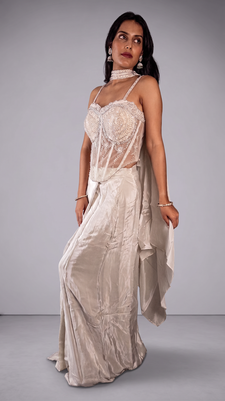 White Net Pearl-Beaded Corset and Draped Dhoti Set — fabric detail