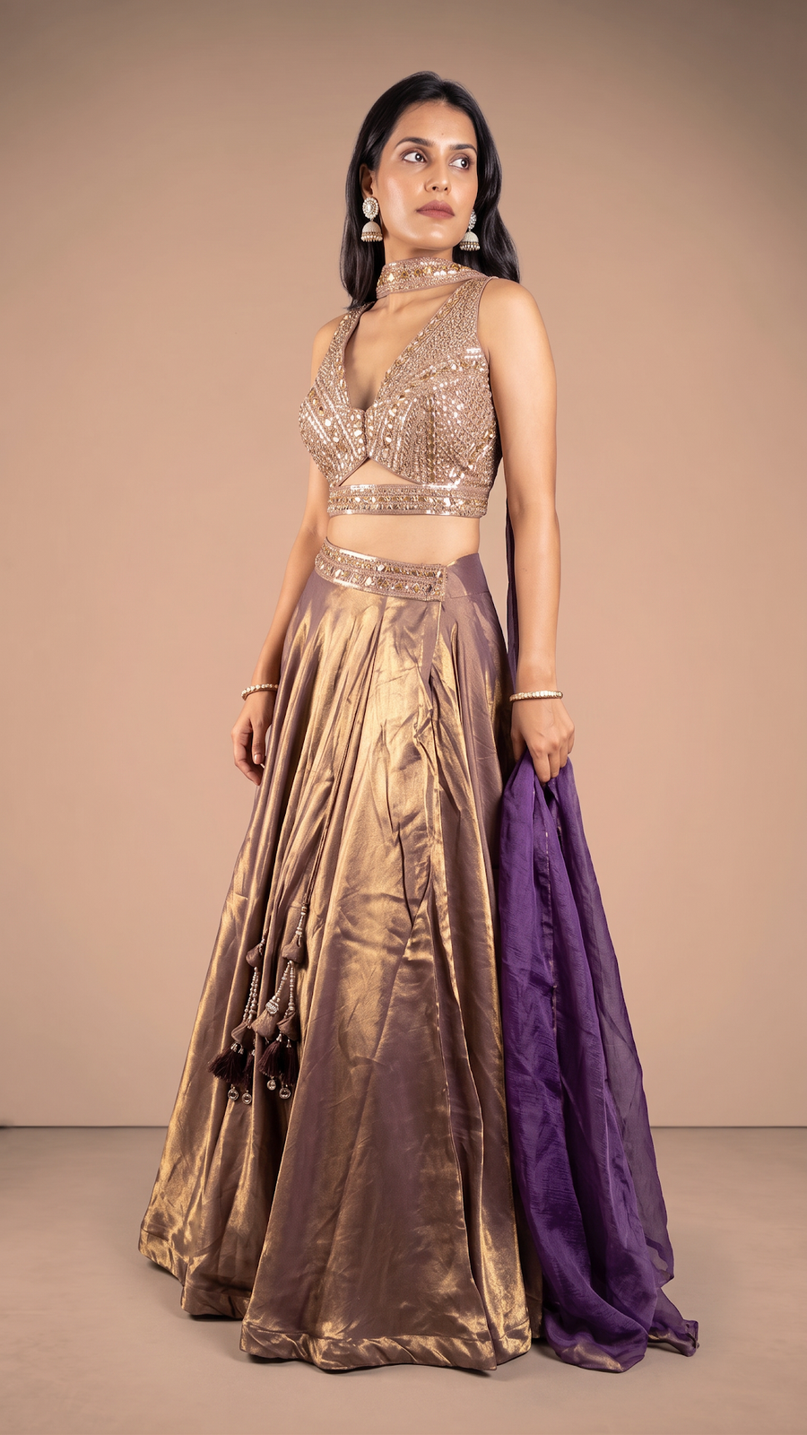 Brown Shimmer Tissue Kali Lehenga With Beaded Blouse — fabric detail