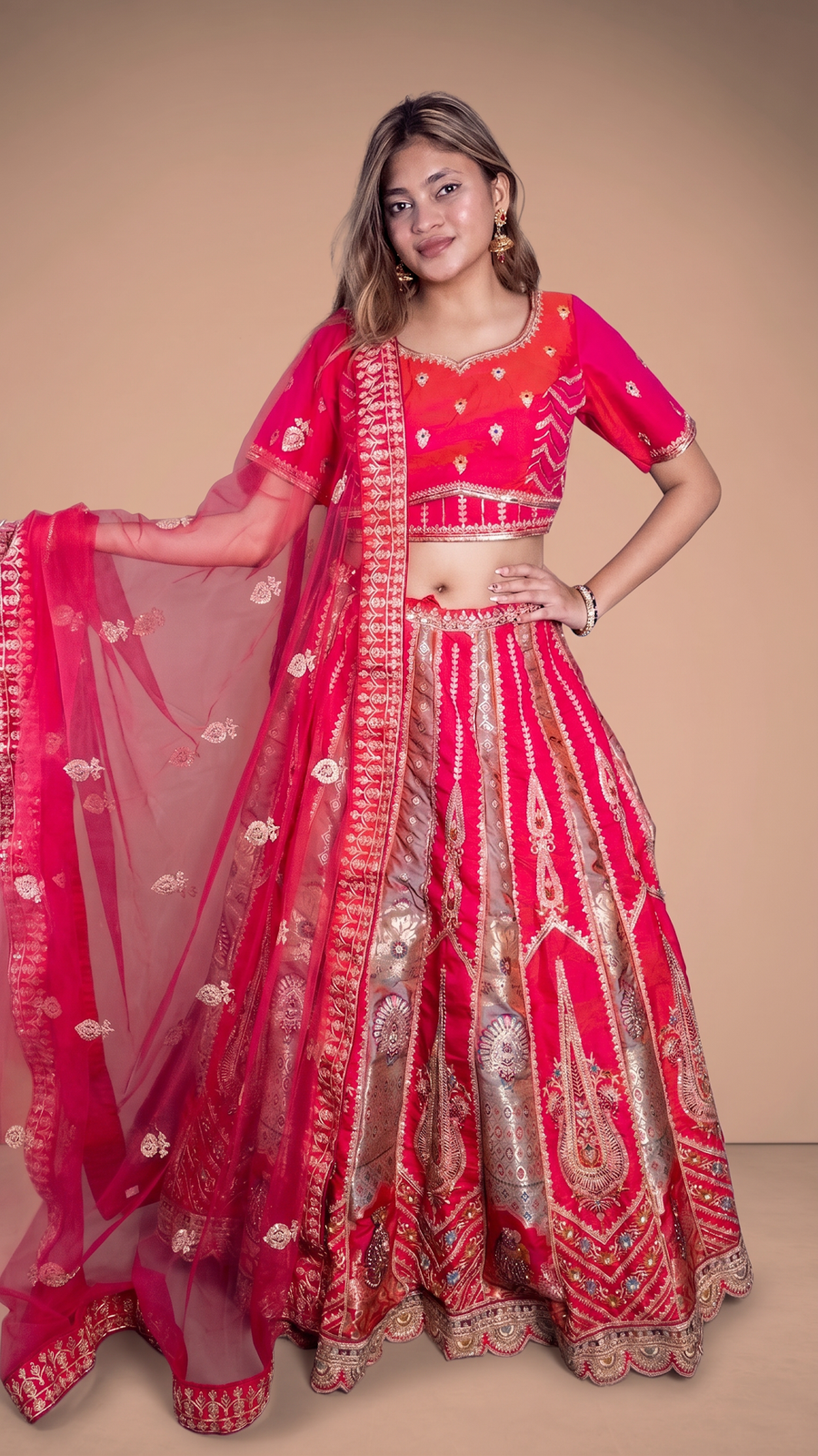 Red and Ivory Silk Brocade Kali Lehenga With Zari Work — fabric detail