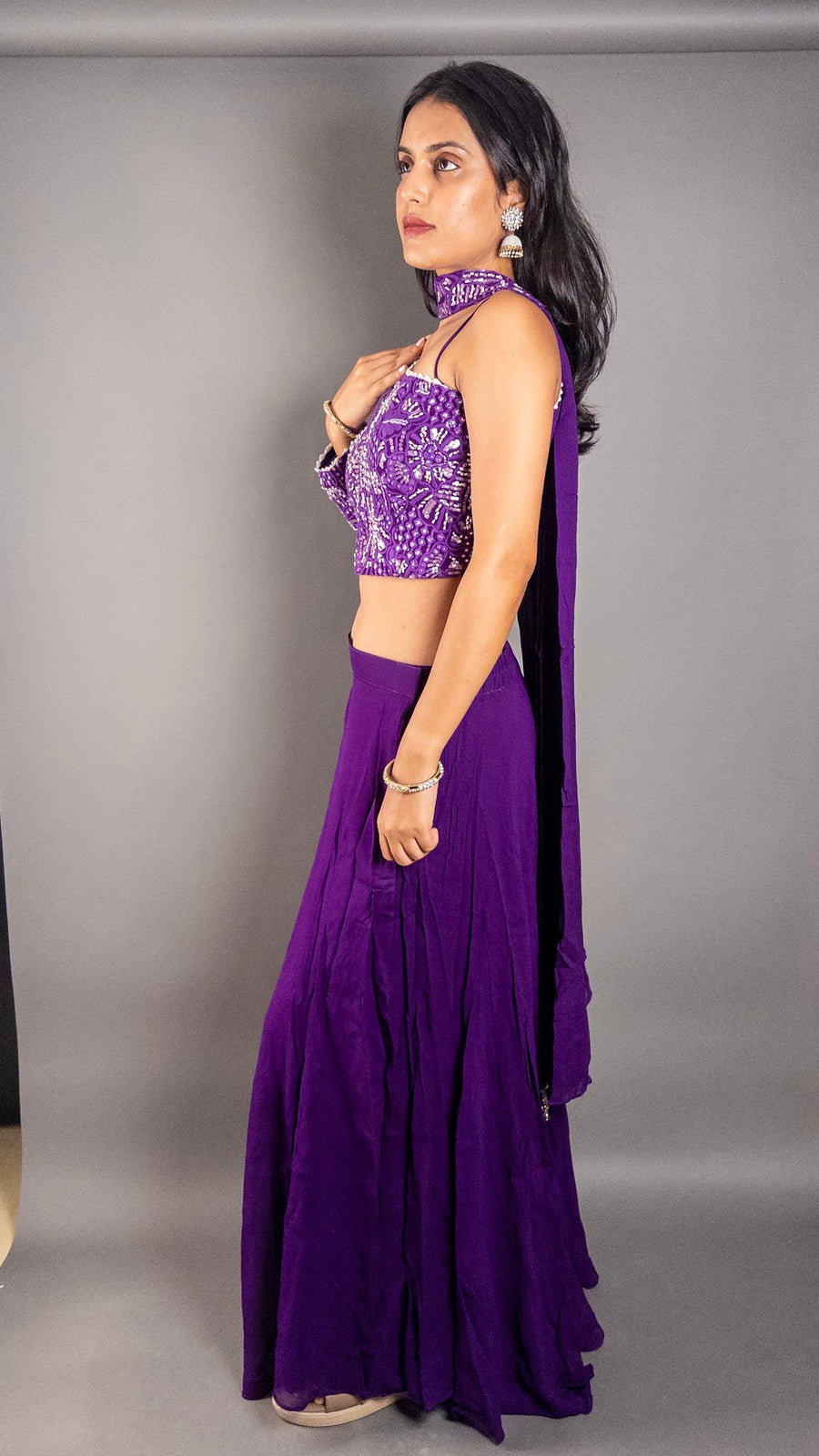 Purple Crepe One-Shoulder Palazzo Suit Set — fabric detail