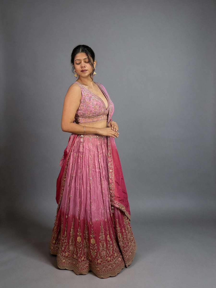 Pink Ombre Shimmer Tissue Lehenga With Zari Work — fabric detail