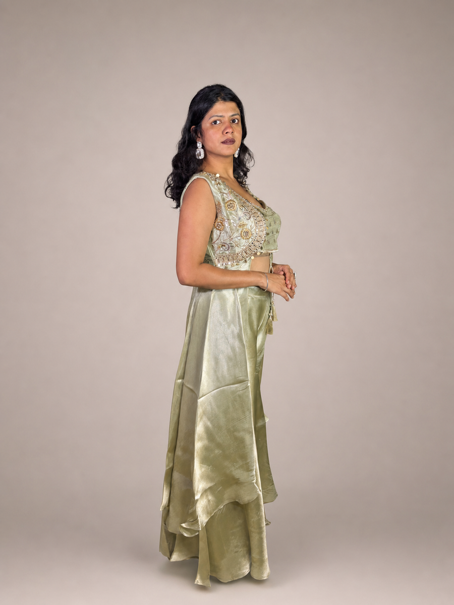Sage Green Shimmer Tissue Cape and Sharara Set — fabric detail