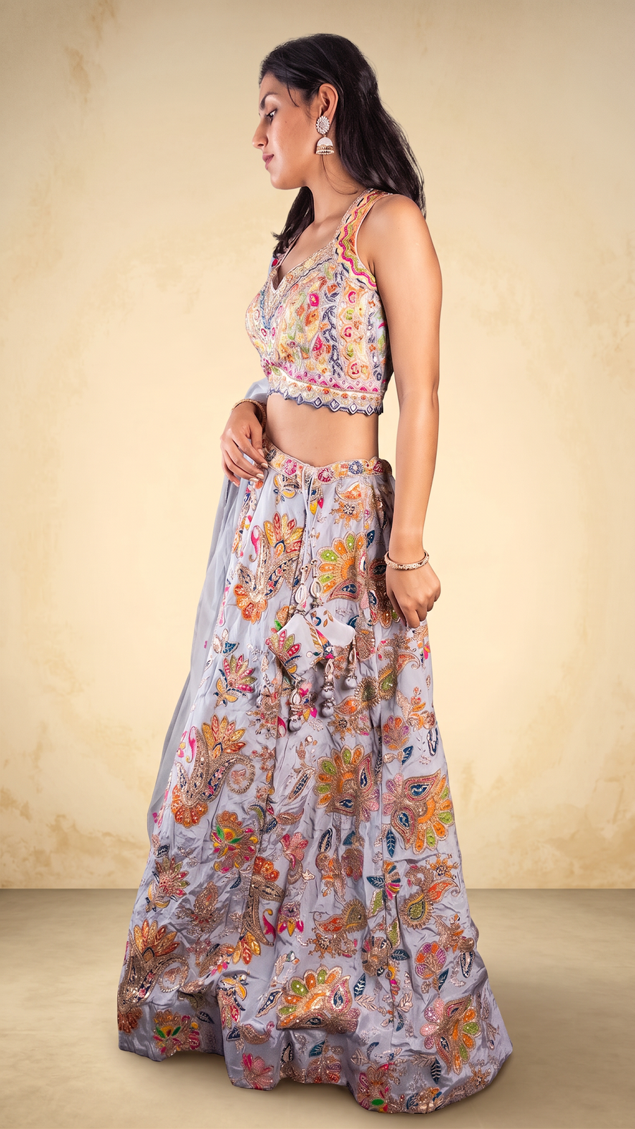 Sky Blue Crape Lehenga With Thread and Zari Work — fabric detail