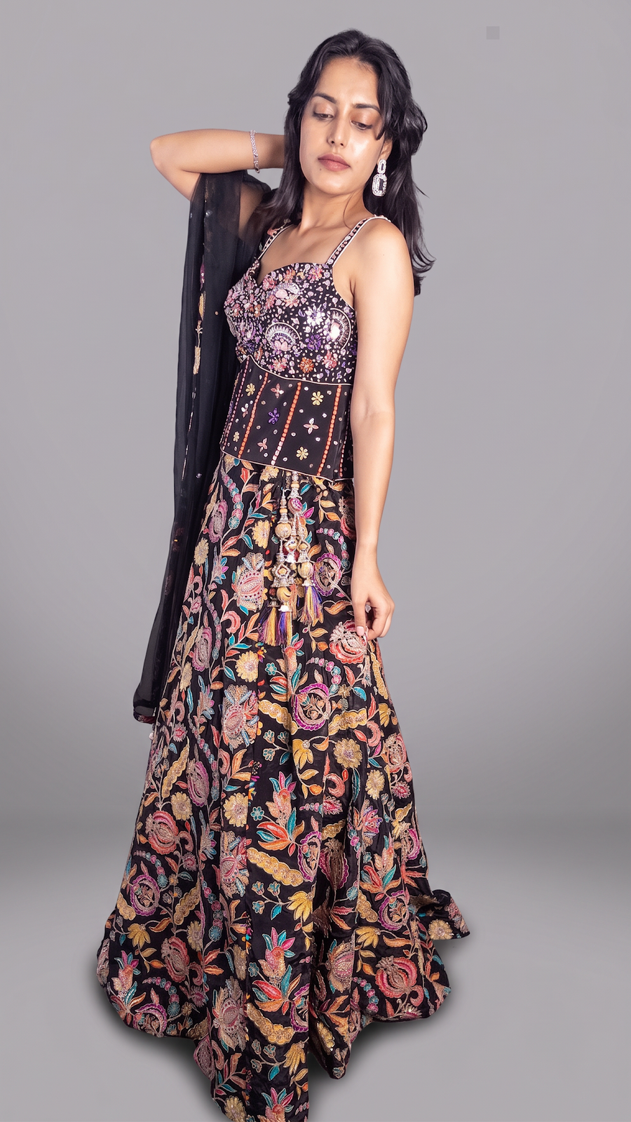 Black Crepe Lehenga With Bead And Pearl Handwork — fabric detail