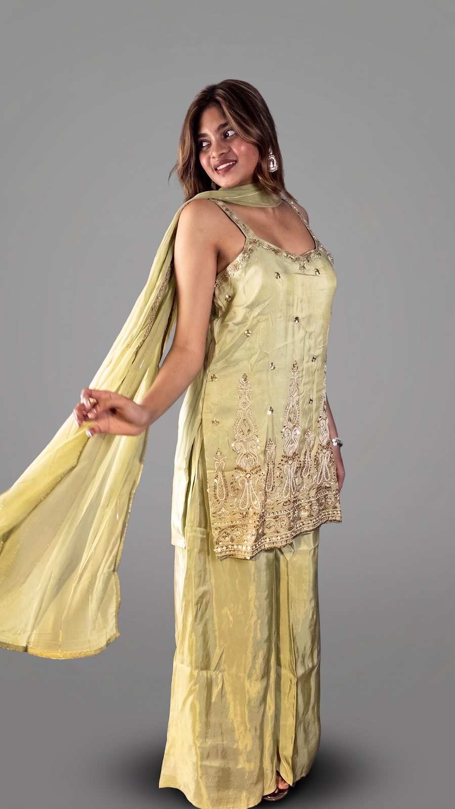 Pista Green Shimmer Tissue Kurta and Palazzo Set — fabric detail
