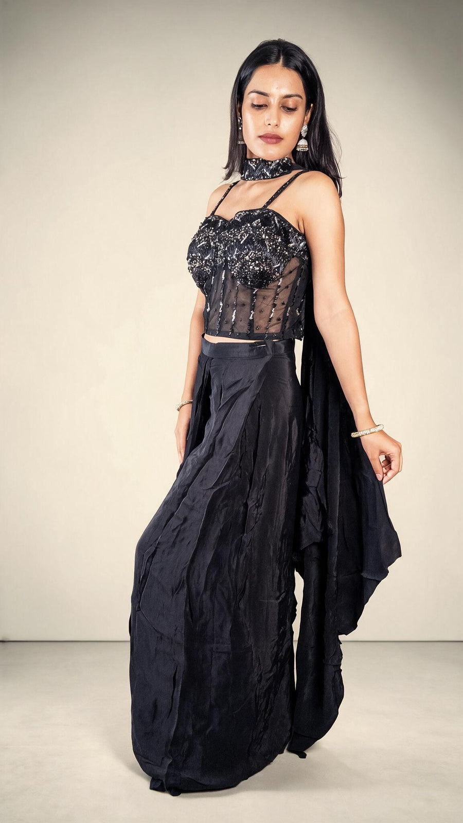 Black Beaded Corset Blouse With Crepe Draped Skirt — fabric detail