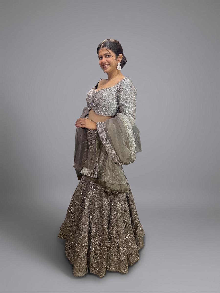Grey Net Fishtail Lehenga With Sequin and Cutdana Work — fabric detail