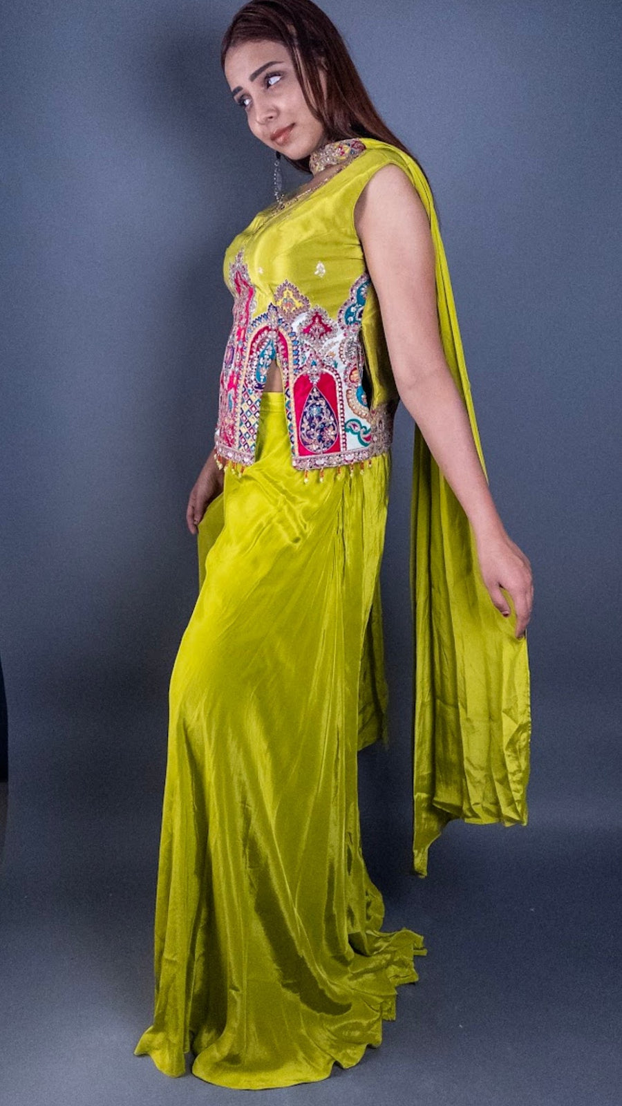 Parrot Green Silk Palazzo Suit With Paisley Embroidery — fabric detail