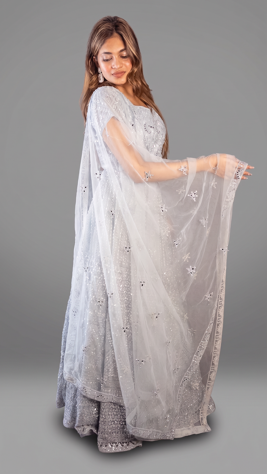 Silver-Grey Cutdana and Mirror Flared Lehenga Set — fabric detail