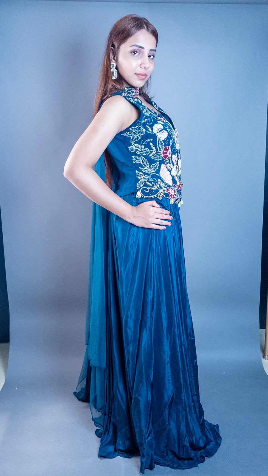 Navy Satin Sharara Set With Embroidered Cape Jacket — fabric detail