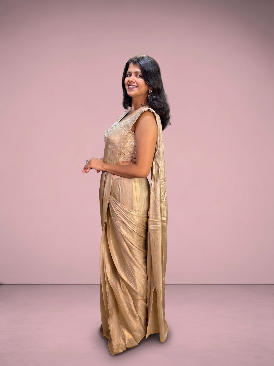 Ivory Pre-Draped Saree With Cutdana Sequin Blouse — fabric detail