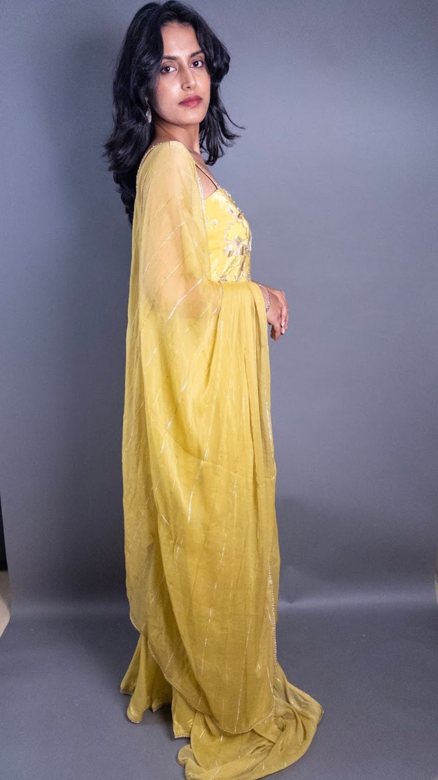 Mustard Georgette Cutdana Zari Sharara Set — fabric detail