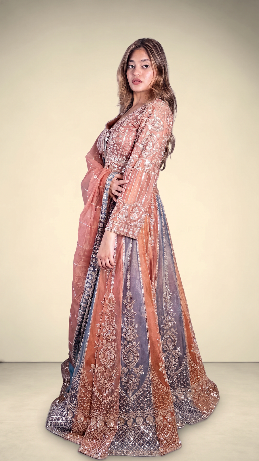 Rust Net Kali Lehenga With Zari and Sequin Work — fabric detail