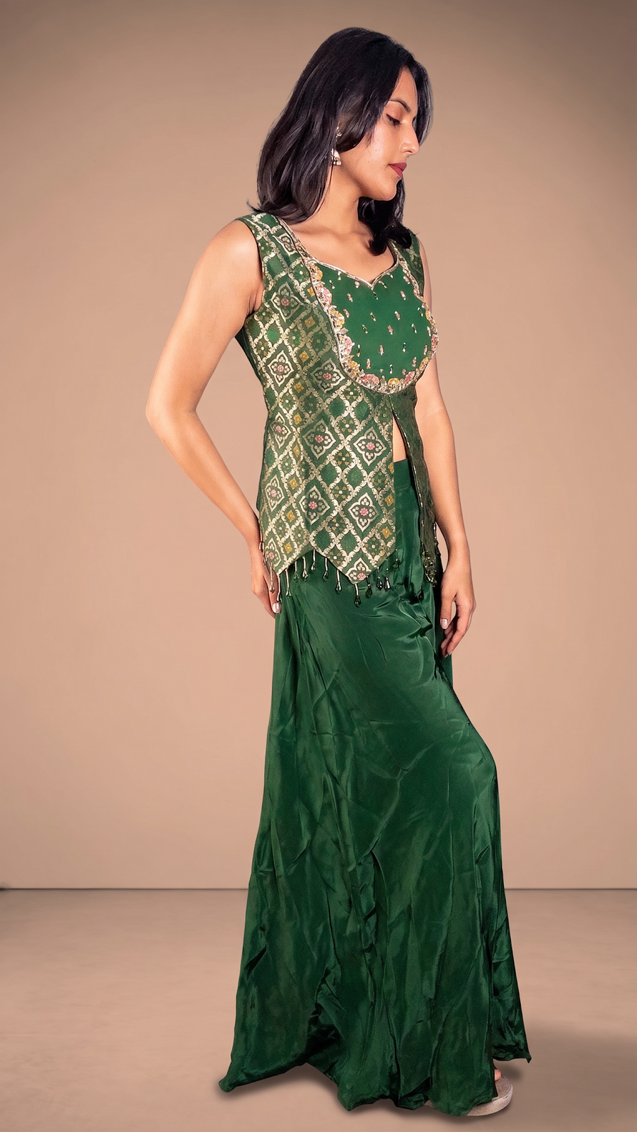 Forest Green Bandhani Kurti and Palazzo Set — fabric detail