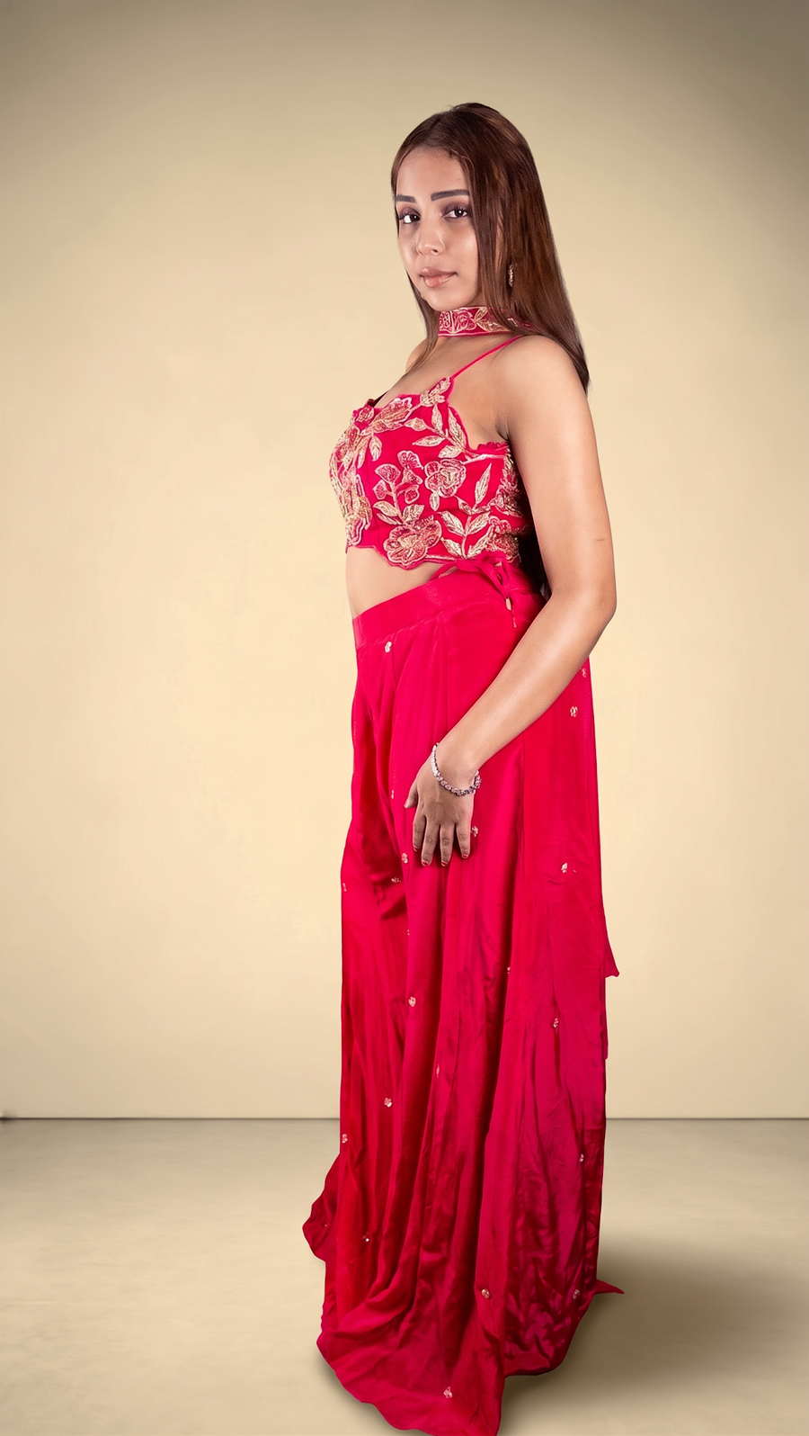 Hot Pink Crepe Palazzo Suit With Zari Pearl Bustier — fabric detail